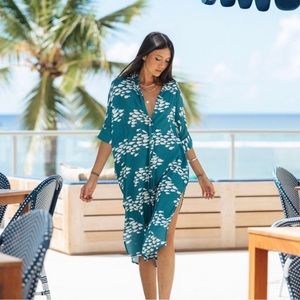 NWT Ava Sky Fighting Eel Dress Azure Long in Teal Fish